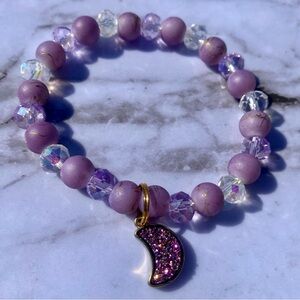 Purple Crystal Beaded Bracelet with Druzy Moon Charm Handmade